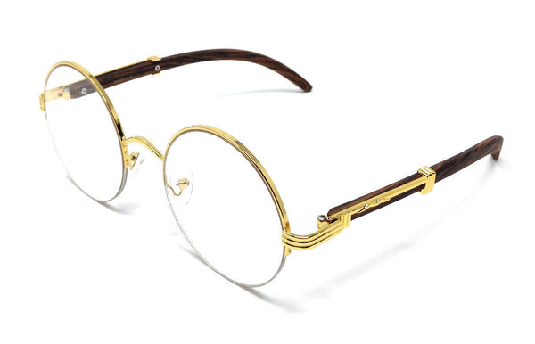 Luxe Professor Half Rim Round Metal & Faux Wood Eyeglasses / Clear Lens Sunglasses