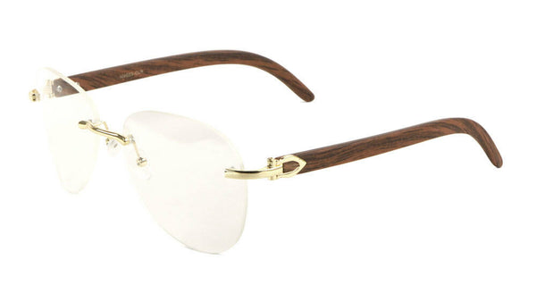 Marshal Rimless Metal & Faux Wood Luxury Aviator Sunglasses w/ Clear Lenses
