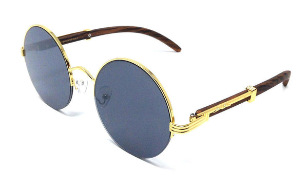 Professor Half Rim Round Lens Metal & Faux Wood Sunglasses
