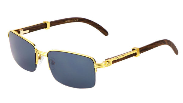 Executive Slim Half Rim Rectangular Metal & Faux Wood Aviator Sunglasses
