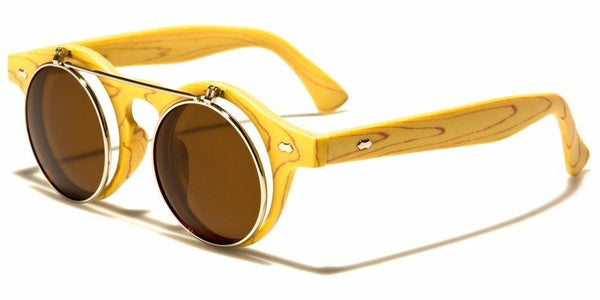 Flip Up Round Metal & Faux Wood Frame Steampunk Sunglasses
