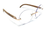 Luxe Diplomat Rimless Round Metal & Faux Wood Eyeglasses / Clear Lens Sunglasses