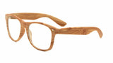 Classic Faux Bamboo Wood Print Square Retro Sunglasses w/ Clear Lenses
