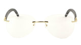 Marshal Rimless Metal & Faux Wood Luxury Aviator Sunglasses w/ Clear Lenses