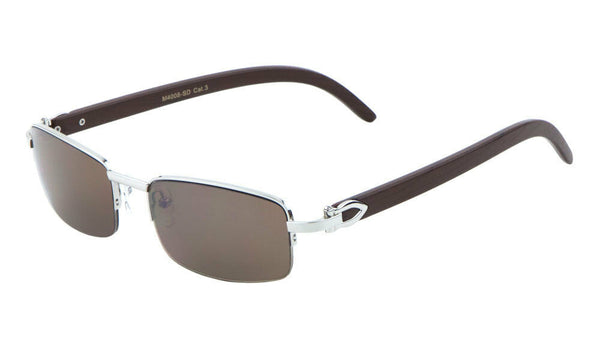Debonair Metal & Faux Wood Slim Half Rim Rectangular Luxury Sunglasses