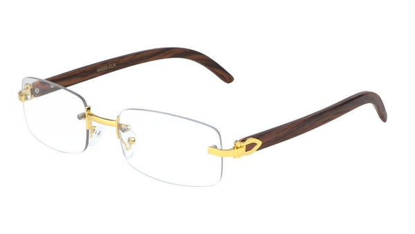 Dapper Rimless Rectangular Metal & Faux Wood Eyeglasses / Clear Lens Sunglasses - Frames