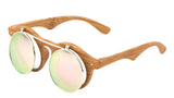 Round Flip Up Metal & Faux Wood Frame Steampunk Sunglasses