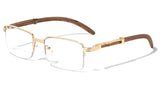 Luxe Executive Metal & Faux Wood Slim Half Rim Rectangular Clear Lens Sunglasses / Eyeglasses Frames