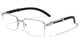 Luxe Executive Metal & Faux Wood Slim Half Rim Rectangular Clear Lens Sunglasses / Eyeglasses Frames