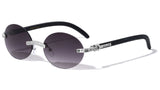 Slim Oval Round Rimless Rhinestone Metal & Faux Wood Luxury Sunglasses