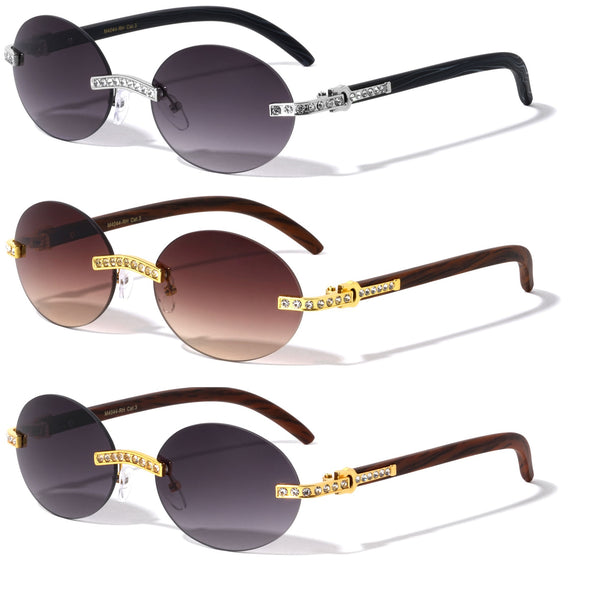 Slim Oval Round Rimless Rhinestone Metal & Faux Wood Luxury Sunglasses