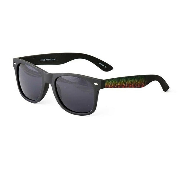 Black Weed Leaf Marijuana Jamaican Rasta Print Square Sunglasses - Black Lenses