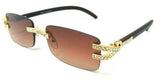 Dean Slim Rimless Rectangular Rhinestone Metal & Faux Wood Luxury Sunglasses