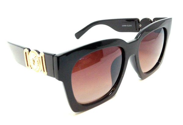Black Gold Lion Head Medallion Square Sunglasses Black Lens (MED-2)