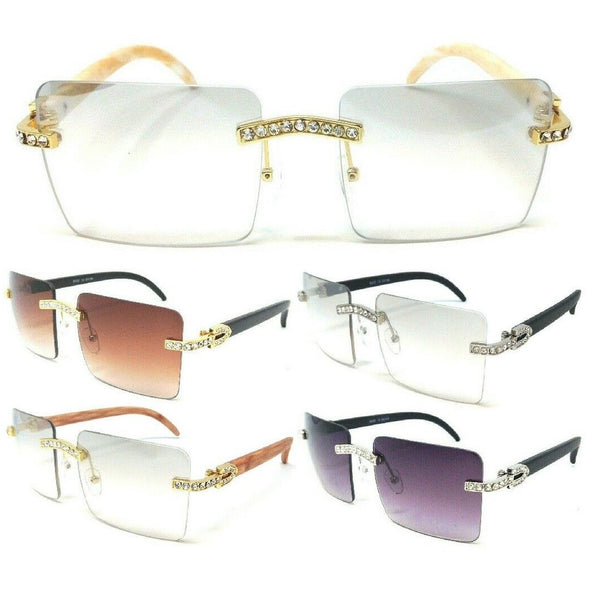 Dasher XL Rimless Square Rhinestone Metal & Faux Wood Luxury Sunglasses