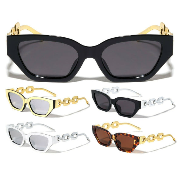 Womens Slim Cat Eye Gold Cuban Link Retro Sunglasses