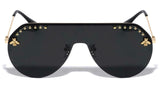 3D Small Bee Metal Accent Semi Rimless Flat One Piece Lens Shield Aviator Luxury Sunglasses