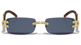 Executive Slim Rimless Rectangular Rhinestone Metal & Faux Wood Luxury Sunglasses
