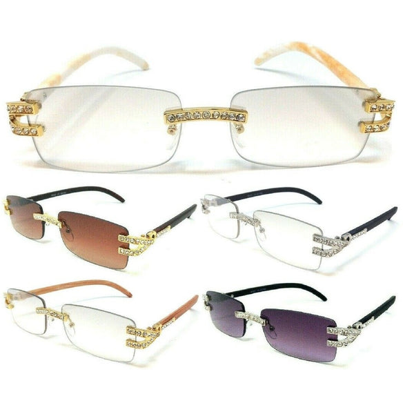 Dean Slim Rimless Rectangular Rhinestone Metal & Faux Wood Luxury Sunglasses