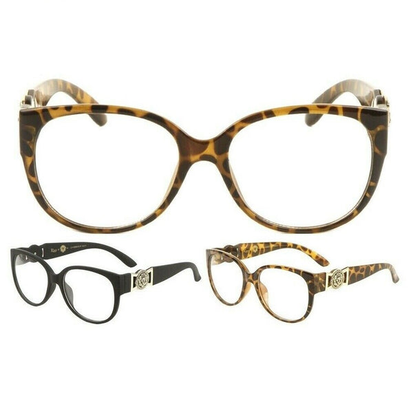 Kleo Oversized Gold Lion Head Medallion Luxury Cat Eye Sunglasses / Eyeglasses w/ Clear Lenses