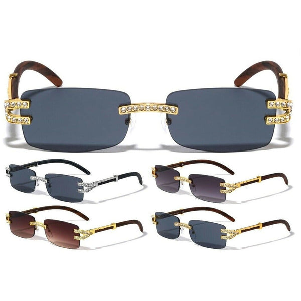 Executive Slim Rimless Rectangular Rhinestone Metal & Faux Wood Luxury Sunglasses